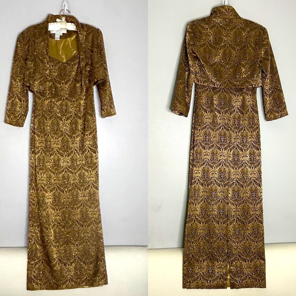 Vintage Lillie Rubin Gold paisley embossed beaded straight gown & jacket size 4